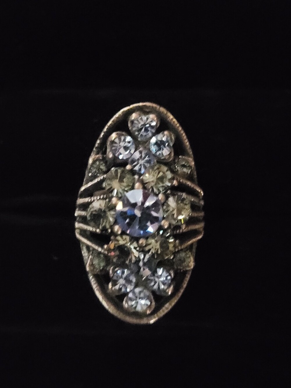 Vintage Art Deco Style Navette Cluster Ring Blue Rhinestone Adjustable